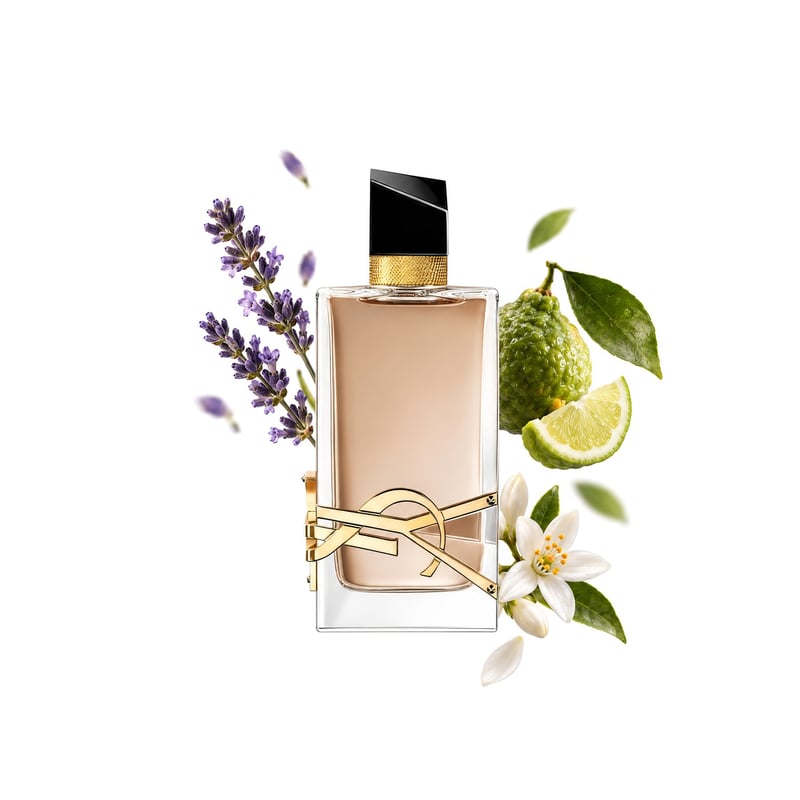 Libre Flowers & Flames von Yves Saint Laurent, Flakon mit seinen Hauptnoten: Lavendel, Bergamotte und Orangenblüte