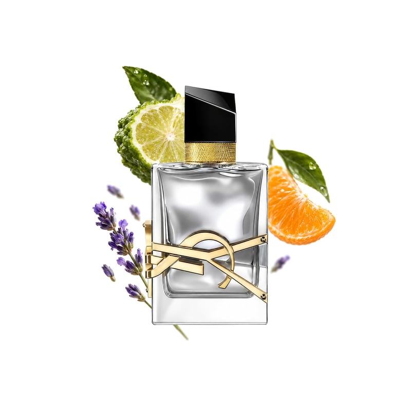 Libre L'Absolu Platine by Yves Saint Laurent, bottle pictured with its key notes: Bergamot, Mandarin Orange and Lavender