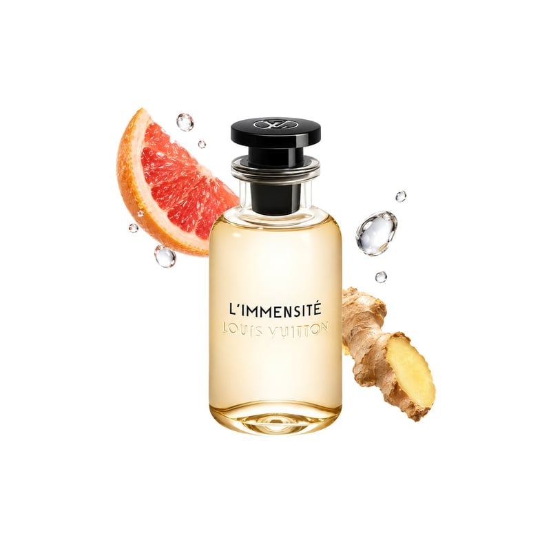L'Immensité by Louis Vuitton, bottle pictured with its key notes: Grapefruit, Ginger and Water Notes