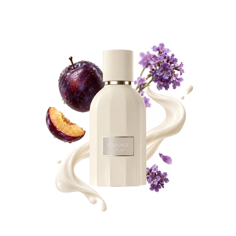 Line 618 by Amouage, bottle pictured with its key notes: Plum, Lactonic and Heliotrope