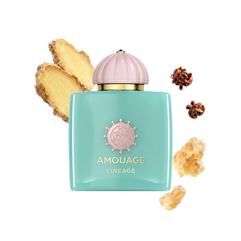 Lineage by Amouage, bottle pictured with its key notes: Ginger, Sichuan Pepper and Olibanum