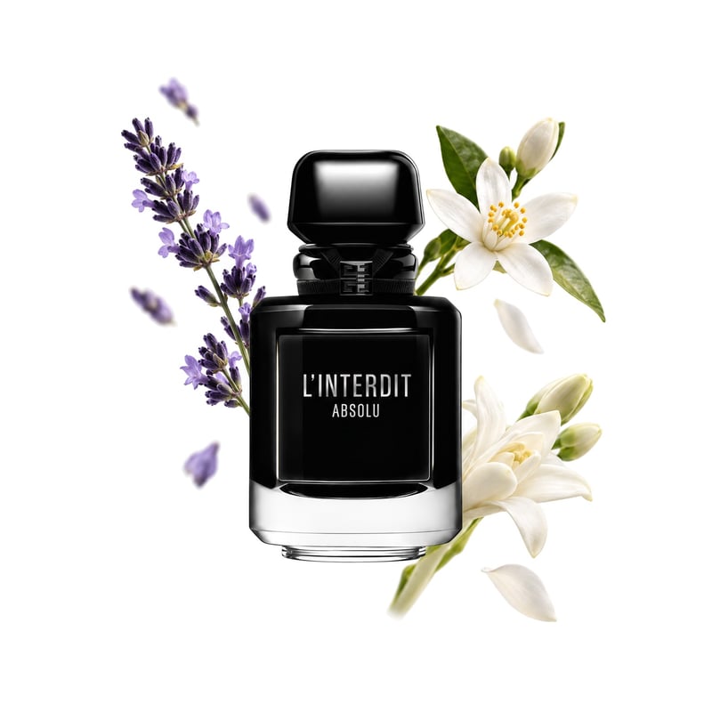 L'Interdit Absolu by Givenchy, bottle pictured with its key notes: Lavender, Neroli and Indian Tuberose