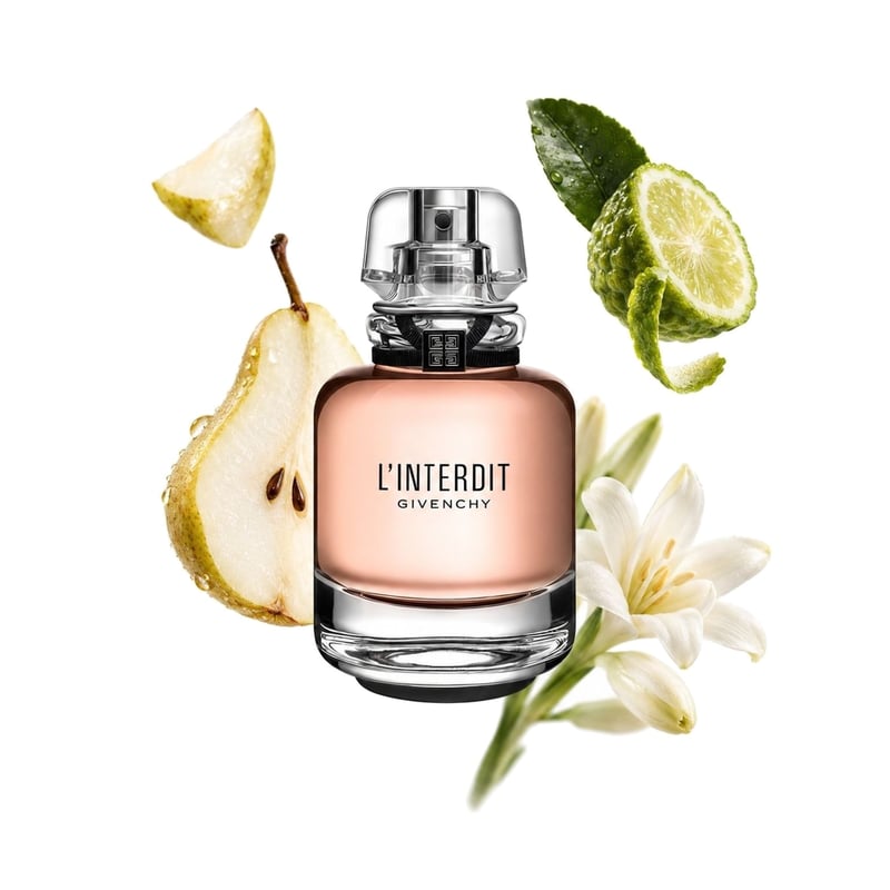 Givenchy L'Interdit Eau de Parfum, az üveg és fő illatjegyei: Körte, Bergamott és Tubarózsa