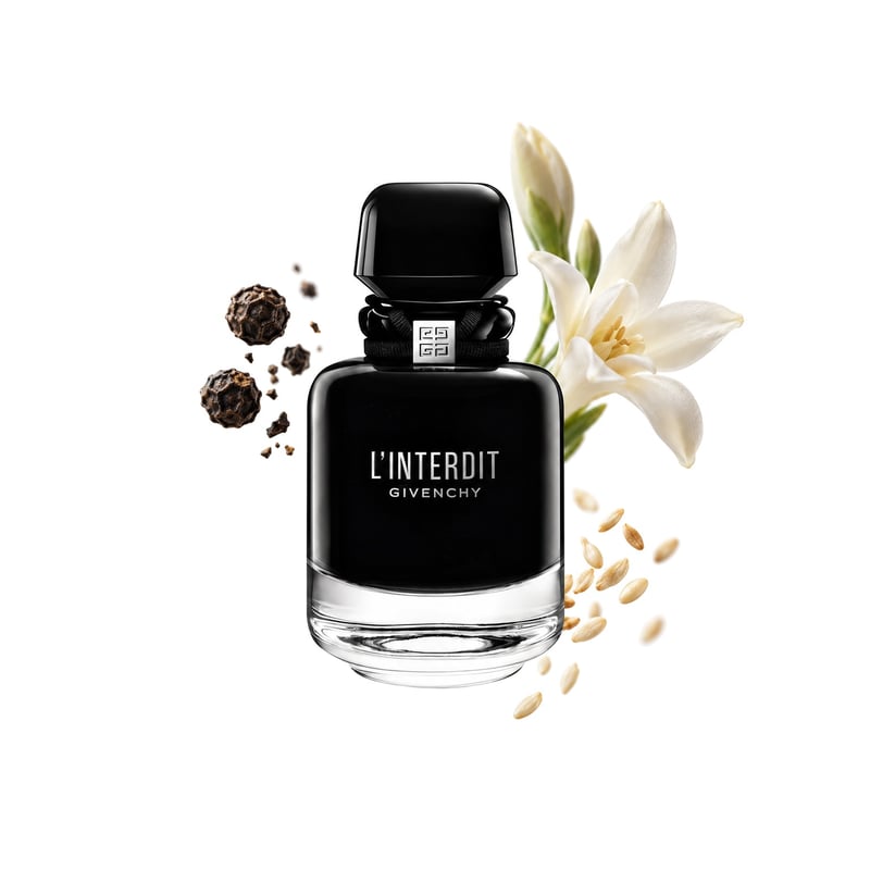 L'Interdit Eau de Parfum Intense by Givenchy, bottle pictured with its key notes: Black Pepper, Tuberose and Sesame