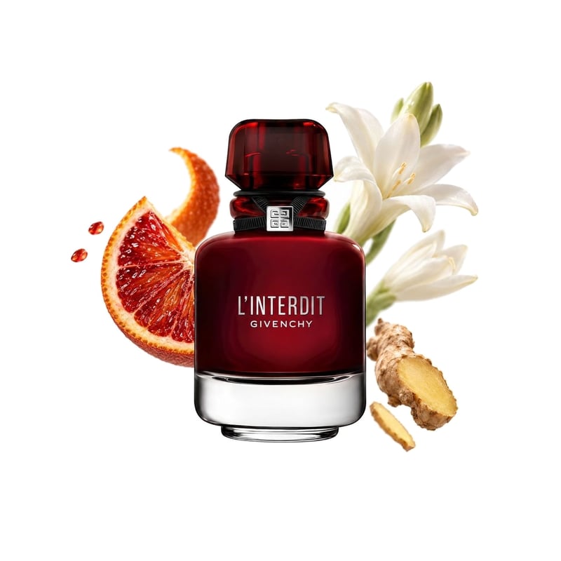L'Interdit Eau de Parfum Rouge του οίκου Givenchy, φιάλη με τις κύριες νότες της: Κόκκινο πορτοκάλι, Τζίντζερ και Τουμπερόζα
