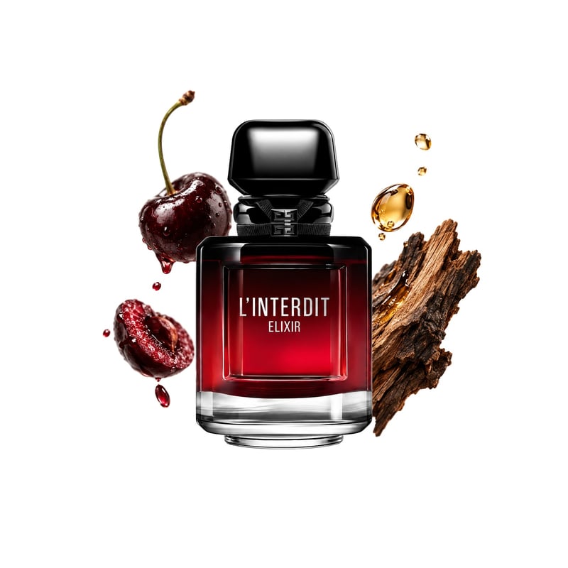 L'Interdit Élixir by Givenchy, bottle pictured with its key notes: Black Cherry, Rum and Oak