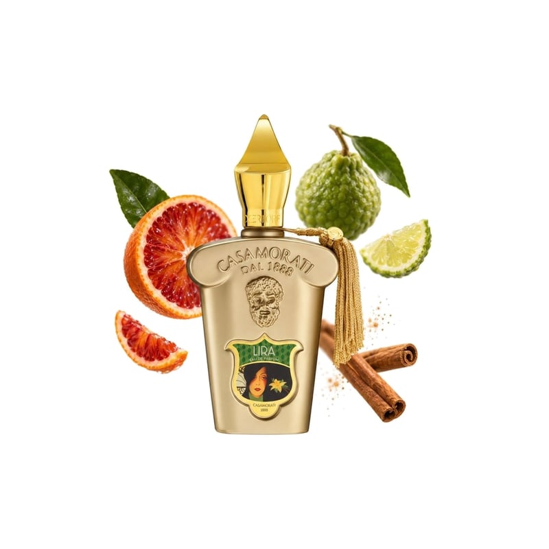 Lira by Xerjoff, bottle pictured with its key notes: Blood Orange, Bergamot and Cinnamon