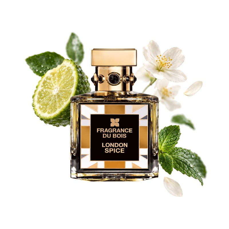 London Spice by Fragrance Du Bois, bottle pictured with its key notes: Bergamot, Peppermint and White Flowers