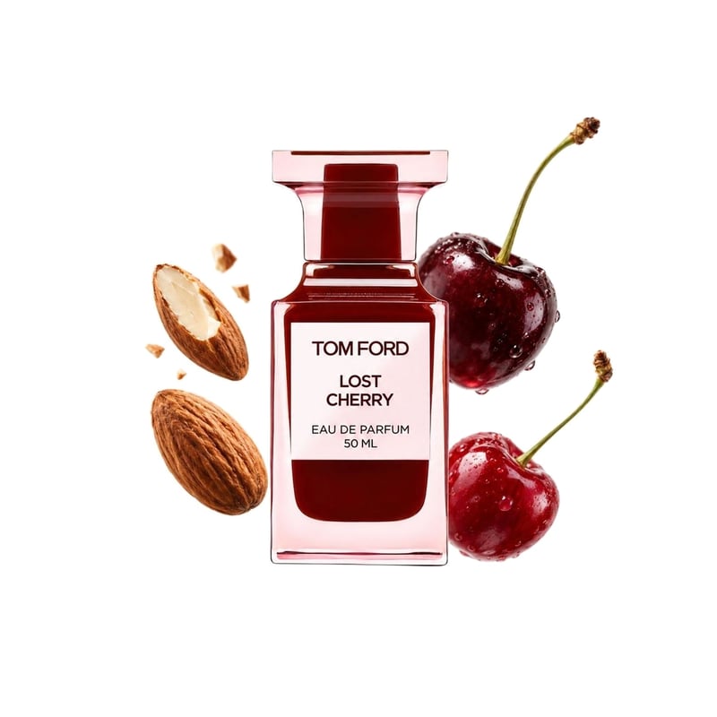 Lost Cherry by Tom Ford, bottle pictured with its key notes: Bitter Almond, Black Cherry and Sour Cherry