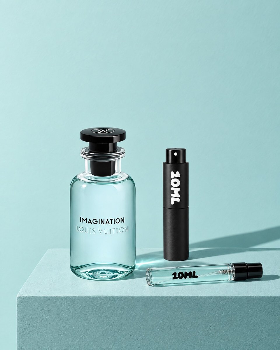 Louis Vuitton Imagination with a 10ML travel atomiser and a 10ML refill vial on a blue plinth
