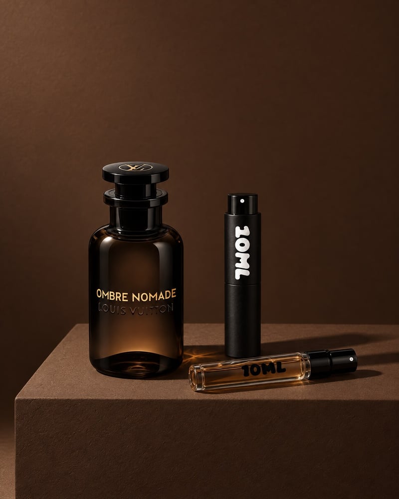 Louis Vuitton Ombre Nomade with a 10ML travel atomiser and a 10ML refill vial on a brown plinth