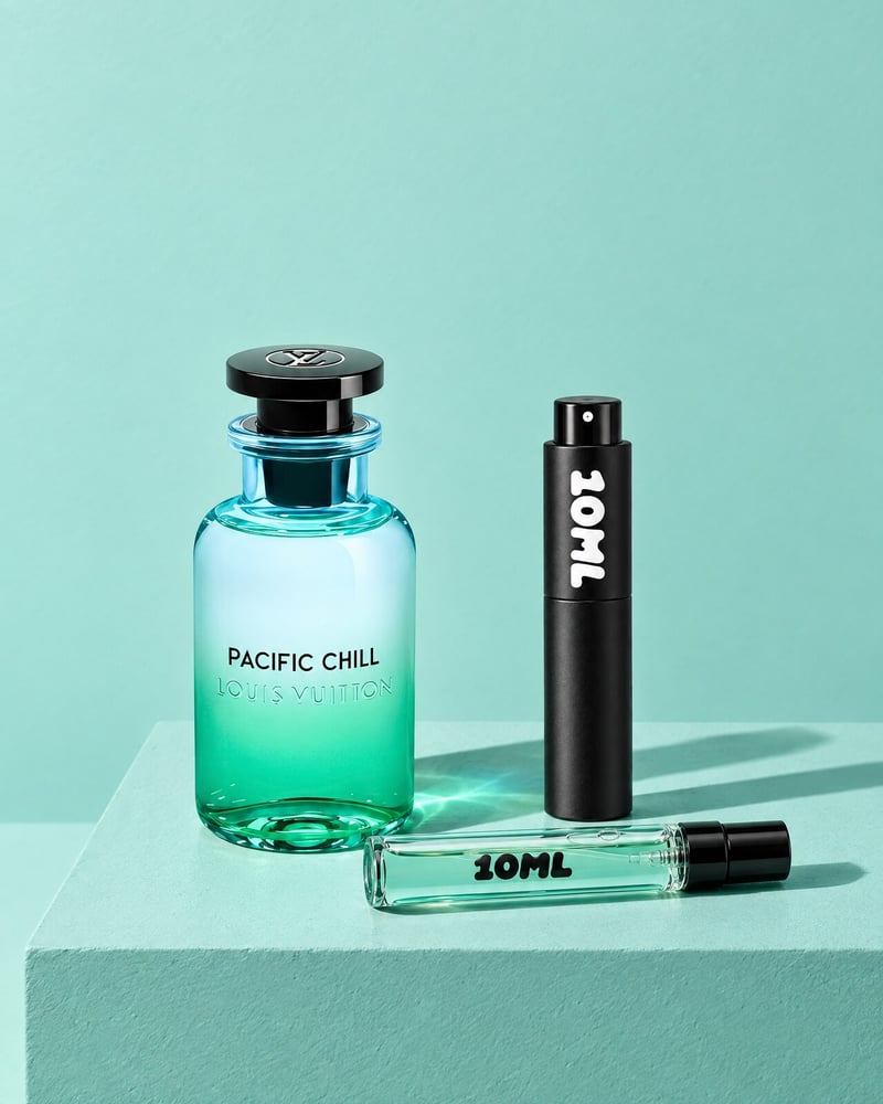 Louis Vuitton Pacific Chill with a 10ML travel atomiser and a 10ML refill vial on a green plinth