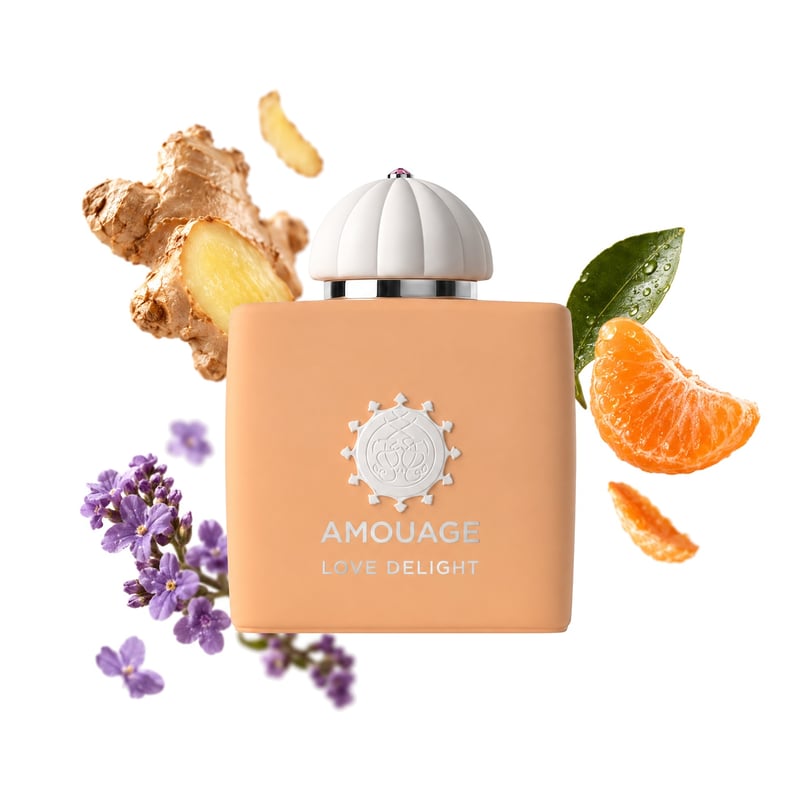 Love Delight by Amouage, bottle pictured with its key notes: Ginger, Mandarin Orange and Heliotrope