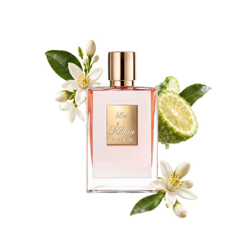 Love Don't Be Shy by By Kilian, bottle pictured with its key notes: Neroli, Bergamot and Orange Blossom