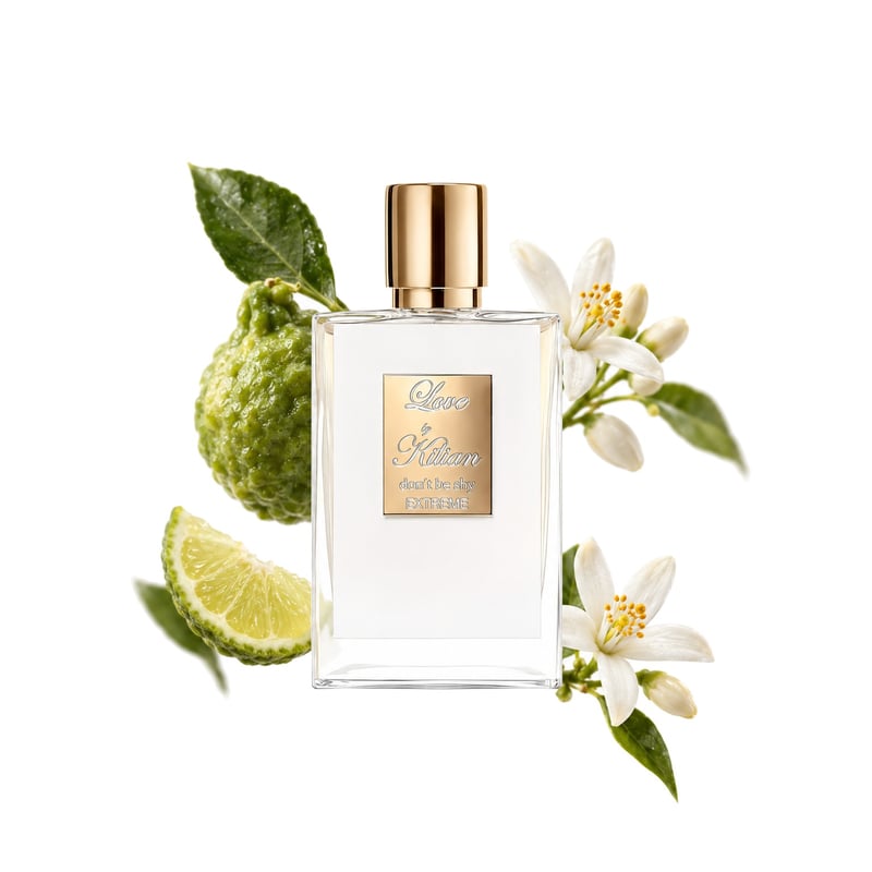 Love Don't Be Shy Extreme by By Kilian, bottle pictured with its key notes: Neroli, Bergamot and Orange Blossom