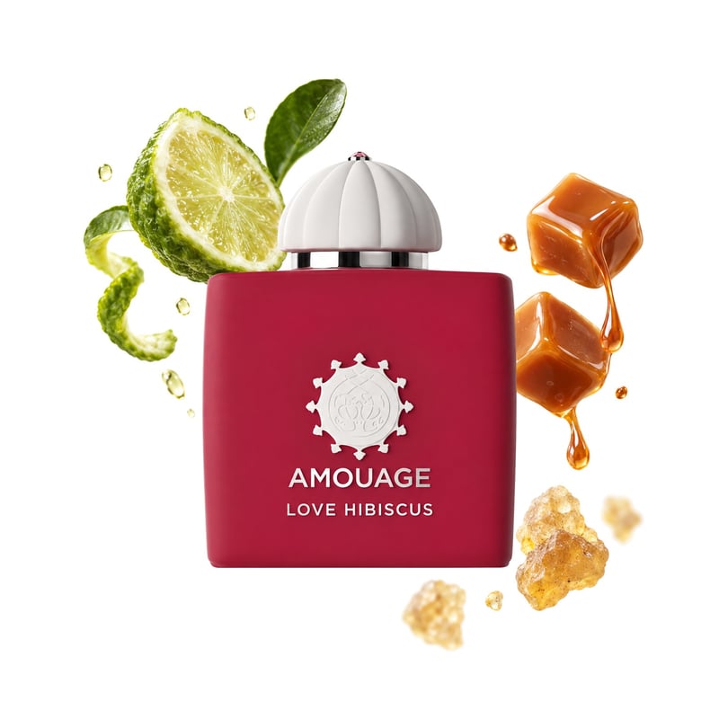 Love Hibiscus by Amouage, bottle pictured with its key notes: Bergamot, Caramel and Frankincense