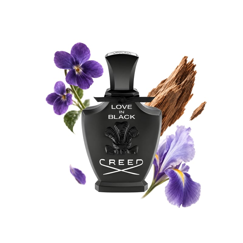 Love in Black von Creed, Flakon mit seinen Hauptnoten: Veilchen, Virginia-Zeder und Iris