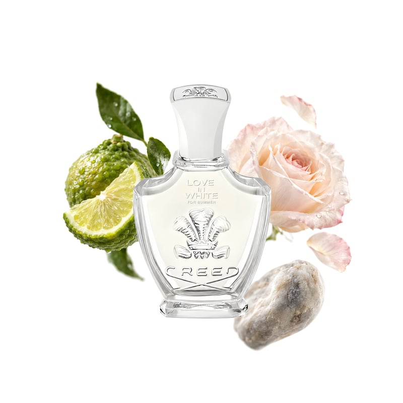 Love in White for Summer by Creed, bottle pictured with its key notes: Calabrian Bergamot, Bulgarian Rose and Ambergris