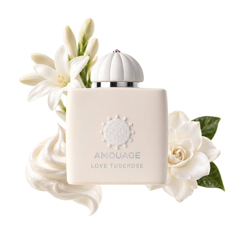 Love Tuberose by Amouage, bottle pictured with its key notes: Tuberose, Gardenia and Whipped Cream