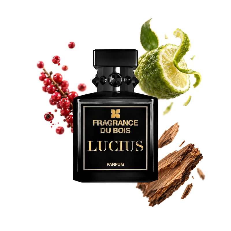 Lucius by Fragrance Du Bois, bottle pictured with its key notes: Pink Pepper, Bergamot and Cedarwood