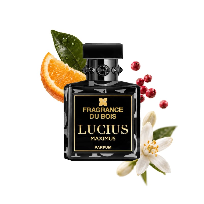 Lucius Maximus by Fragrance Du Bois, bottle pictured with its key notes: Bitter Orange, Pink Pepper and Orange Blossom