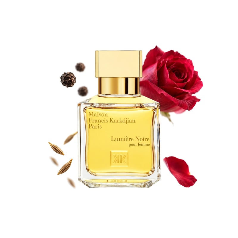 Lumière Noire Pour Femme by Maison Francis Kurkdjian, bottle pictured with its key notes: Pepper, Cumin and Rose