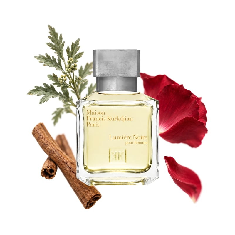 Lumière Noire Pour Homme by Maison Francis Kurkdjian, bottle pictured with its key notes: Artemisia, Cinnamon and Rose