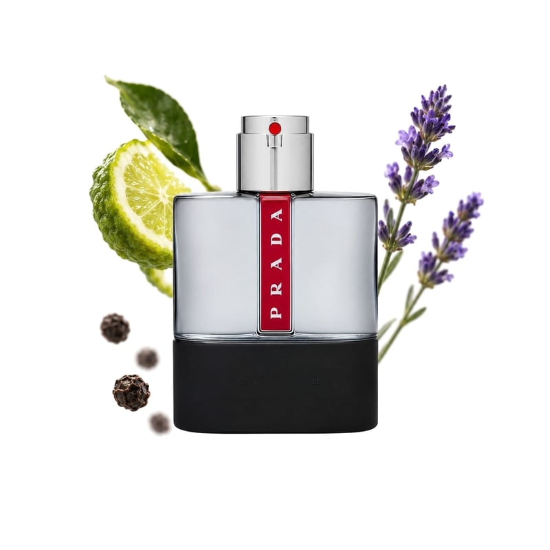 Luna Rossa Carbon by Prada, bottle pictured with its key notes: Bergamot, Pepper and Lavender
