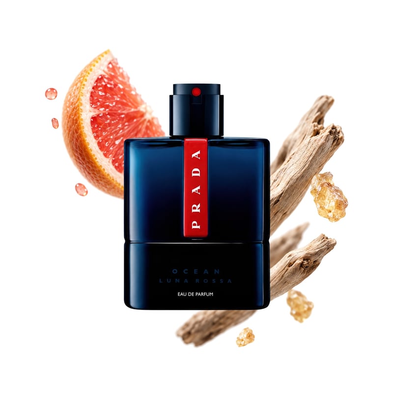 Luna Rossa Ocean Eau de Parfum by Prada, bottle pictured with its key notes: Grapefruit, Woody Notes and Frankincense