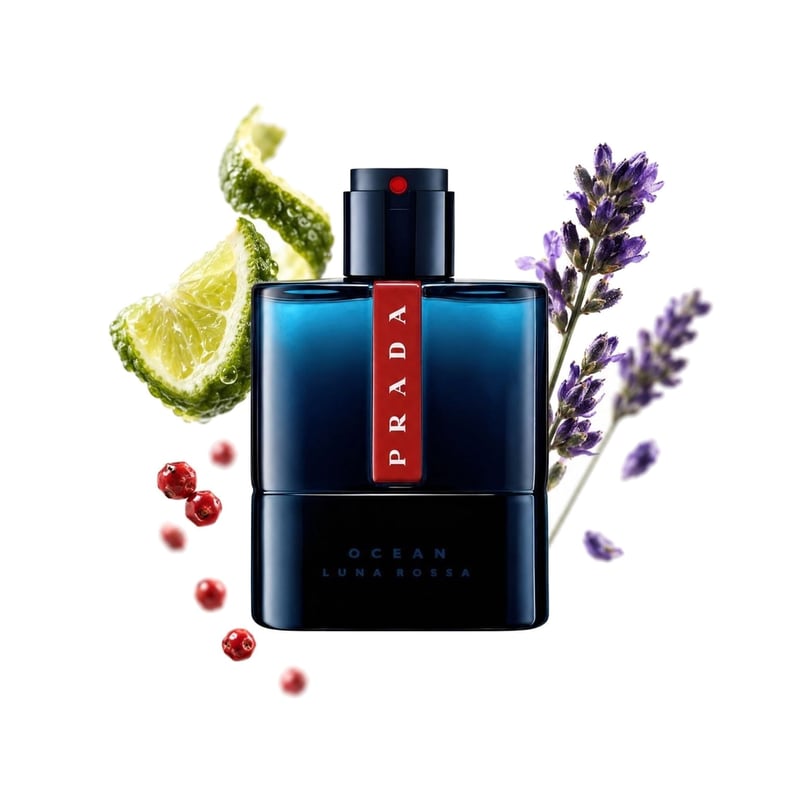 Luna Rossa Ocean de Prada, flacon entouré de ses notes clés : Bergamote, Baies roses et Lavande