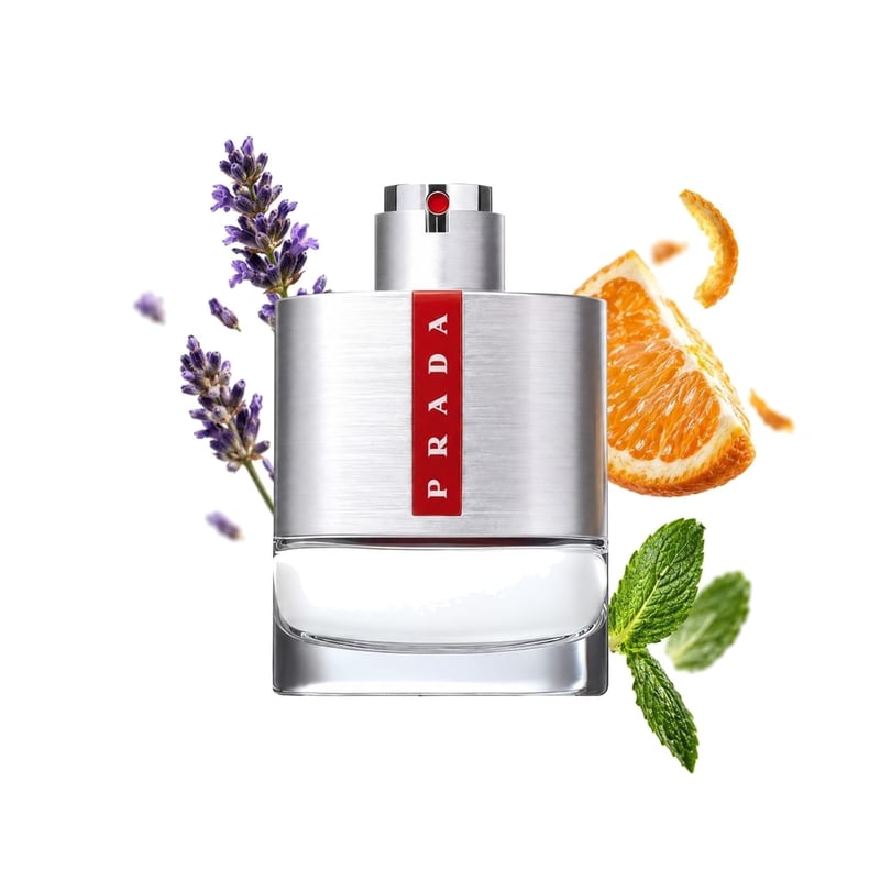 Luna Rossa by Prada, bottle pictured with its key notes: Lavender, Bitter Orange and Mint