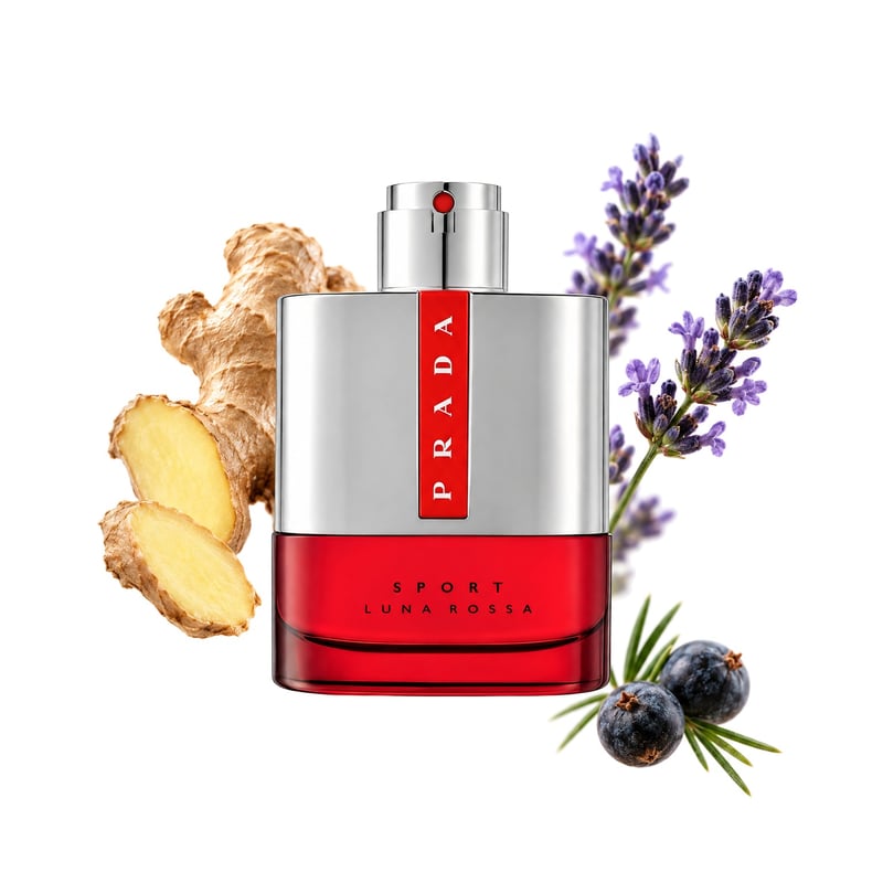Luna Rossa Sport by Prada, bottle pictured with its key notes: Ginger, Juniper Berries and Lavender