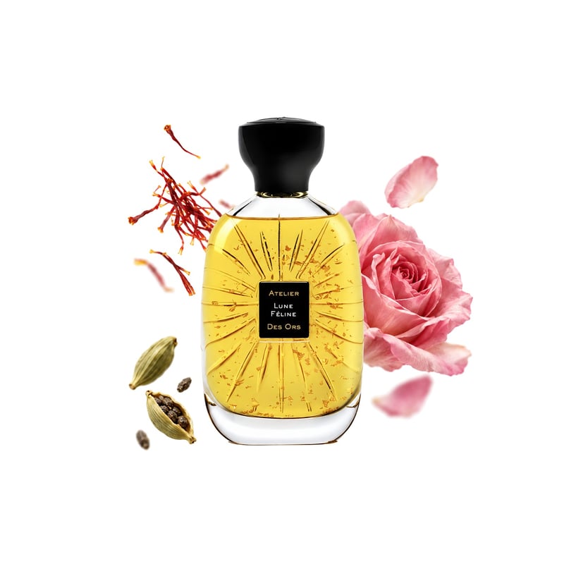 Lune Feline by Atelier des Ors, bottle pictured with its key notes: Saffron, Cardamom and Turkish Rose