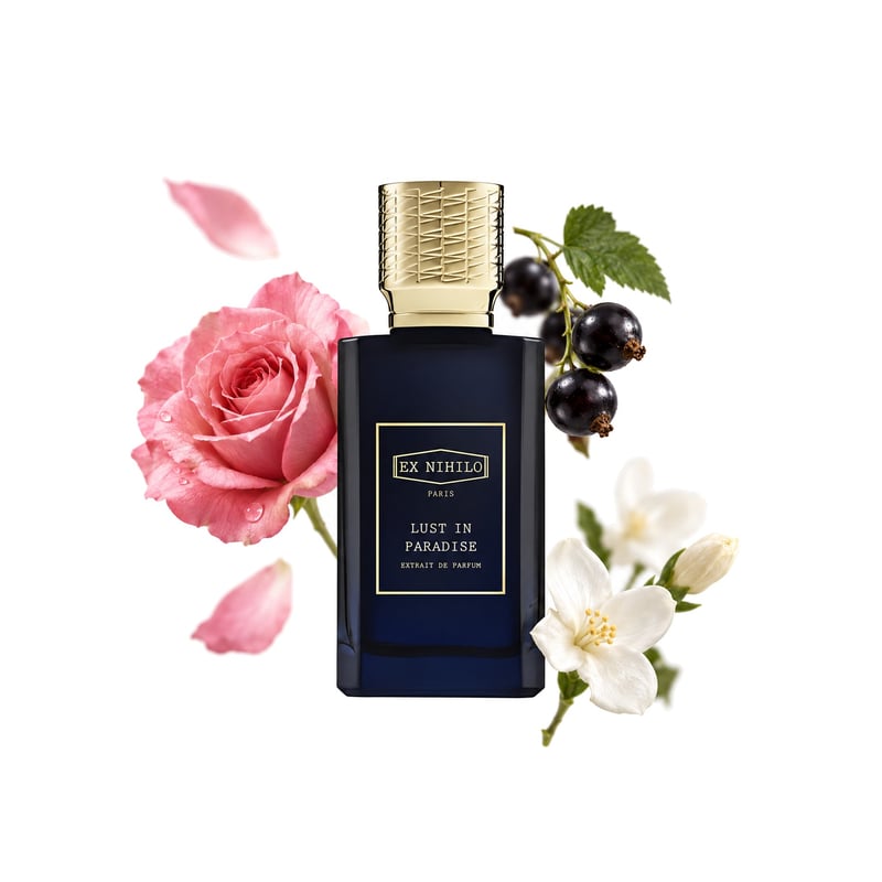Lust in Paradise Extrait by Ex Nihilo, bottle pictured with its key notes: Rosyfolia, Blackcurrant and Jasmine Sambac