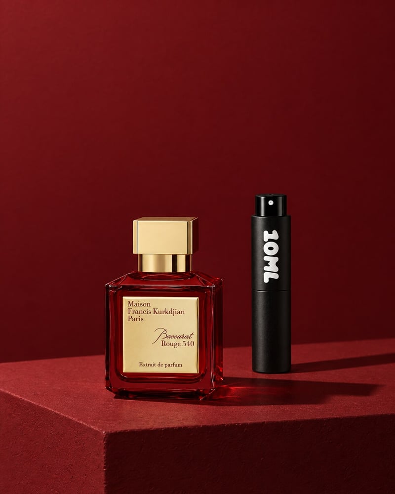 Maison Francis Kurkdjian Baccarat Rouge 540 Extrait beside a 10ML travel atomiser on a red plinth