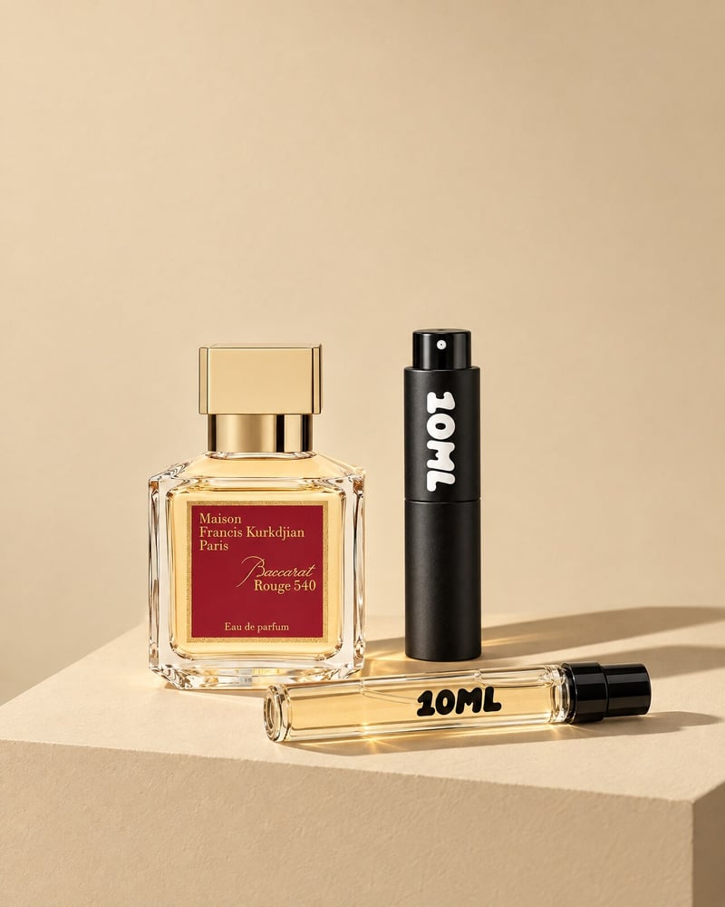 Maison Francis Kurkdjian Baccarat Rouge 540 with a 10ML travel atomiser and a 10ML refill vial on a beige plinth