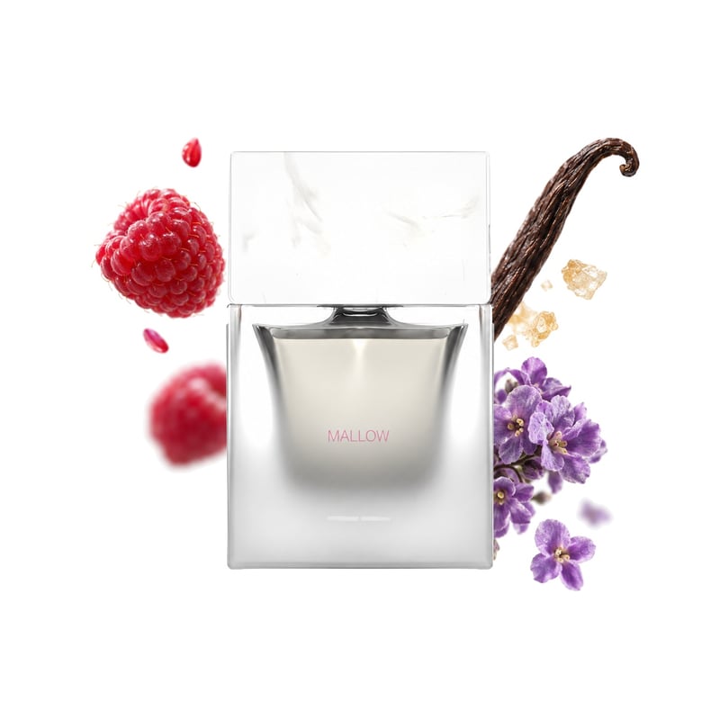 Mallow by Sora Dora, bottle pictured with its key notes: Raspberry, Vanilla Sugar and Heliotrope