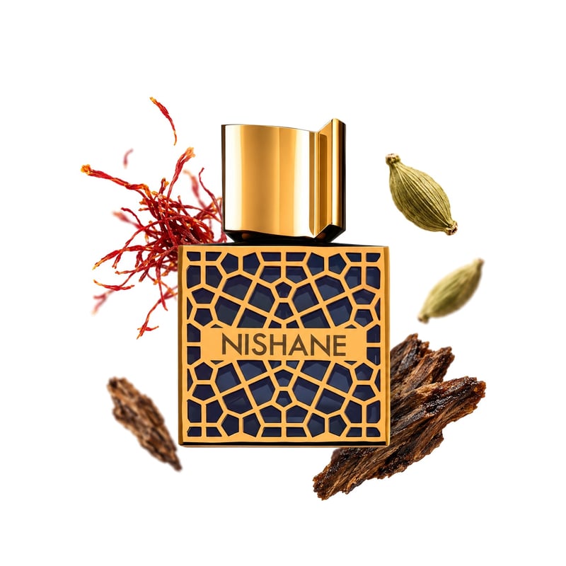 Mana by Nishane, bottle pictured with its key notes: Saffron, Cardamom and Agarwood (oud)