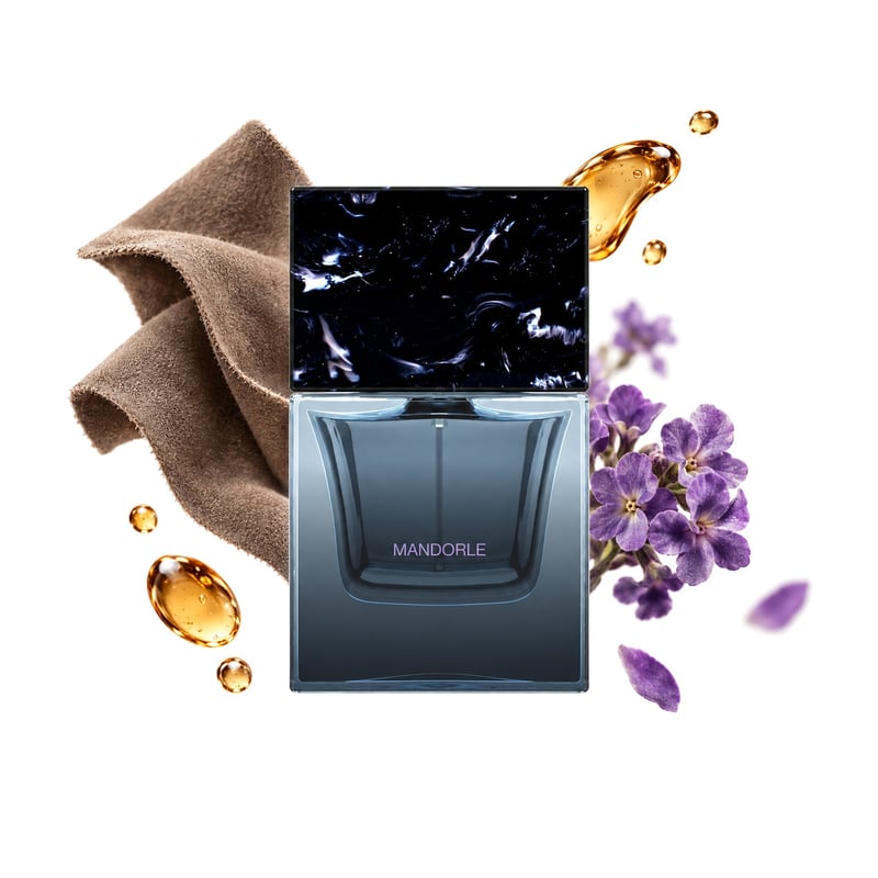Mandorle Extrait by Sora Dora, bottle pictured with its key notes: Suede, Rum and Heliotrope