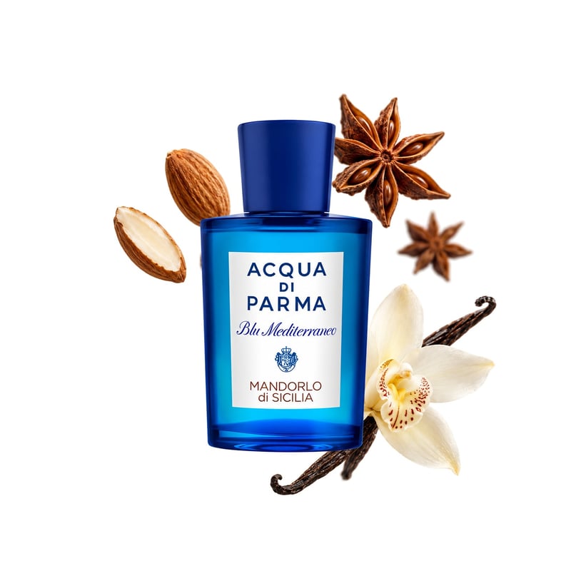 Mandorlo di Sicilia by Acqua di Parma, bottle pictured with its key notes: Bitter Almond, Star Anise and Vanilla Orchid