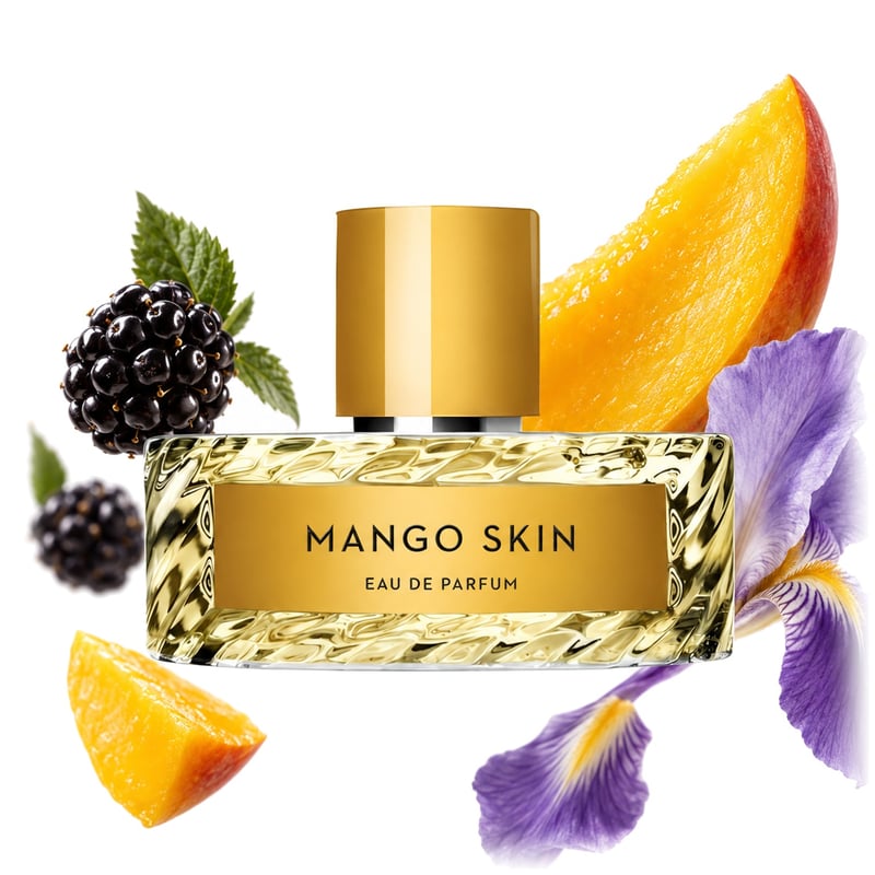 Mango Skin de Vilhelm Parfumerie, frasco con sus notas principales: Moras, Mango y Lirio silvestre (orris)