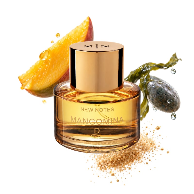 Mangomina D by New Notes, bottle pictured with its key notes: Mango, Marine Notes and Solar Notes