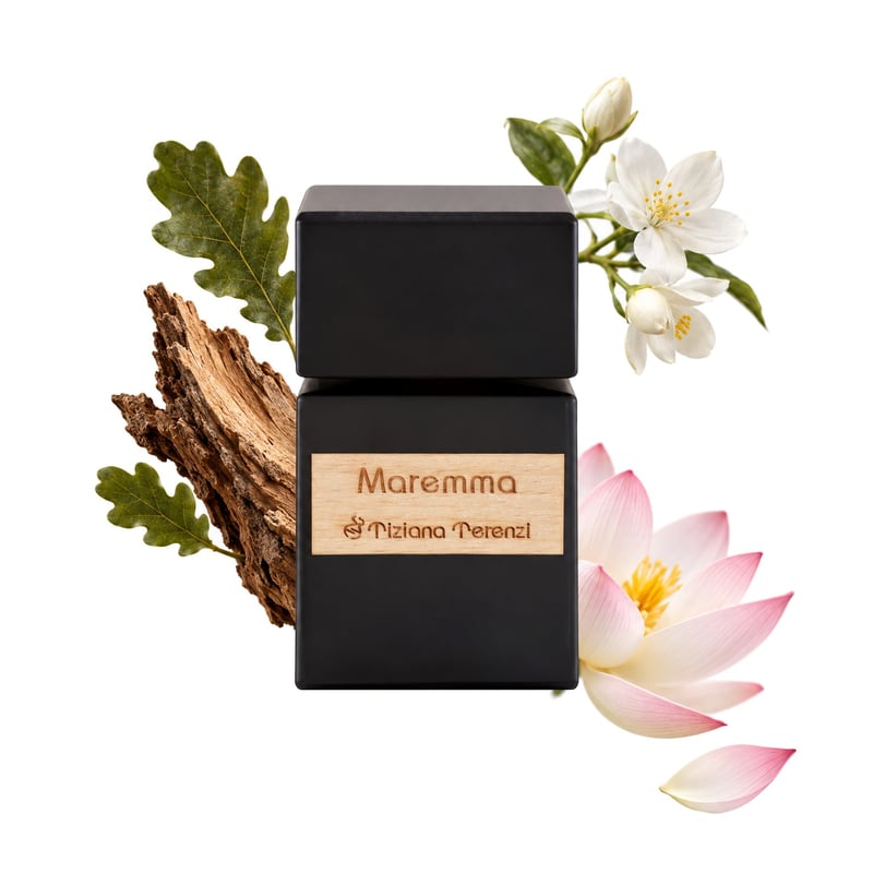 Maremma by Tiziana Terenzi, bottle pictured with its key notes: Oak, Chinese Jasmine and Lotus