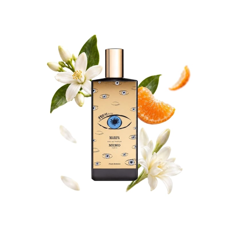 Marfa by Memo Paris, bottle pictured with its key notes: Orange Blossom, Mandarin Orange and Tuberose