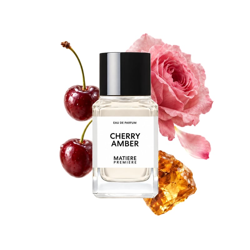 Cherry Amber von Matière Première, Flakon mit seinen Hauptnoten: Kirsche, Centifolia-Rose und Amber