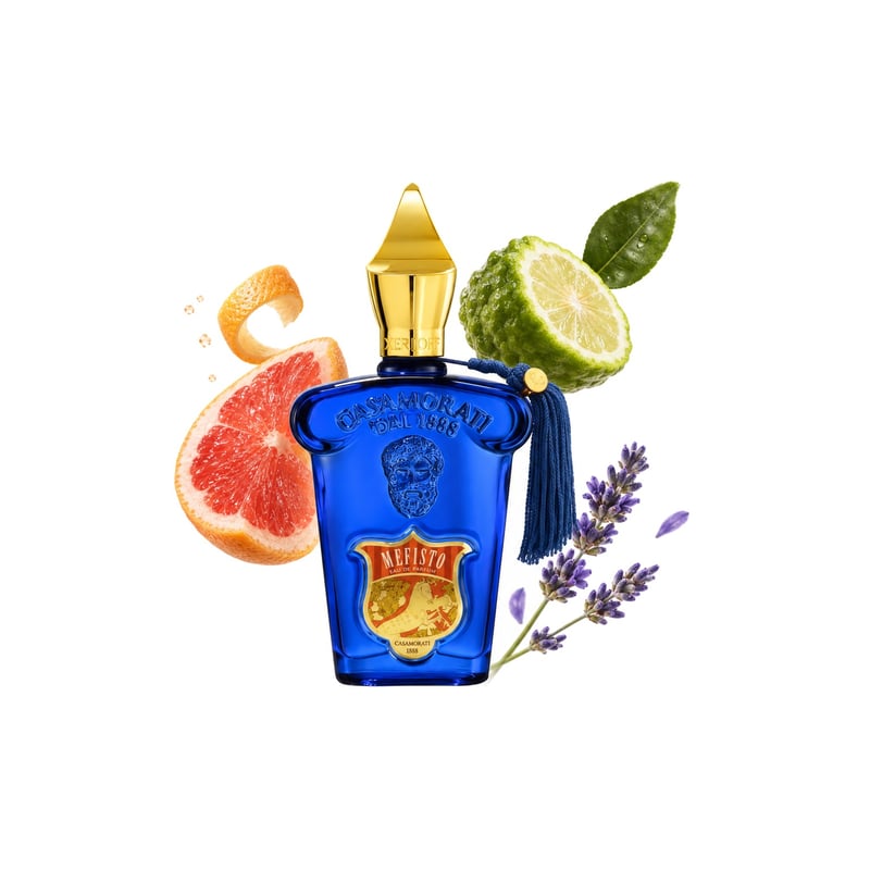 Mefisto by Xerjoff, bottle pictured with its key notes: Grapefruit, Bergamot and Lavender