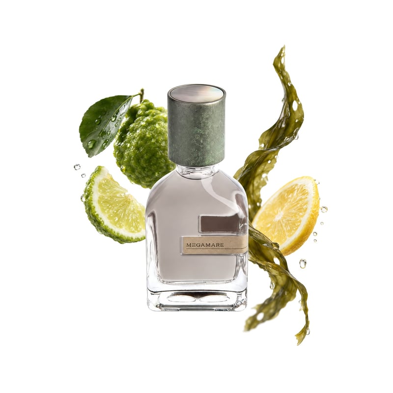 Megamare by Orto Parisi, bottle pictured with its key notes: Bergamot, Lemon and Seaweed
