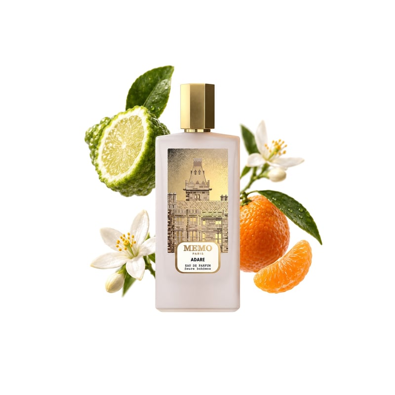 Adare by Memo Paris, bottle pictured with its key notes: Bergamot, Mandarin Orange and Orange Blossom