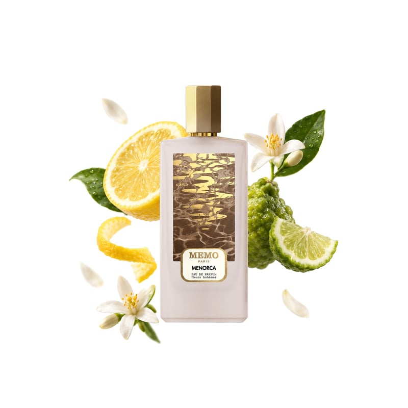 Menorca by Memo Paris, bottle pictured with its key notes: Lemon, Bergamot and Neroli