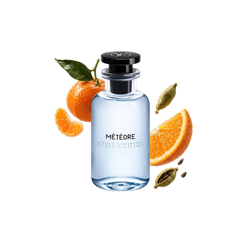 Météore by Louis Vuitton, bottle pictured with its key notes: Sicilian Mandarin, Orange and Guatemala Cardamom